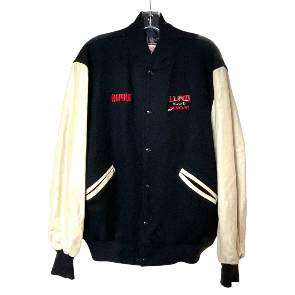 Vintage Rapala Lund Mercury Fishing Boat Leather and Wool Bomber Jacket